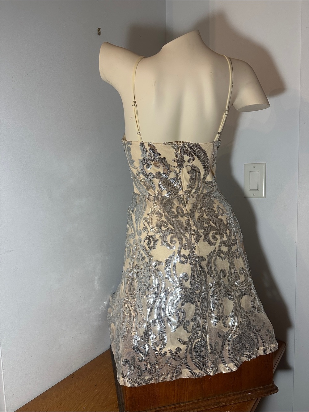 Silver Sequin Nude Mini Dress with Spaghetti Straps